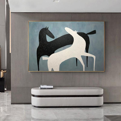 Abstract Black and White Horses Oil Painting on Canvas, Large Original Horse Canvas Art, Modern Animal Painting for Living Room, Home Décor