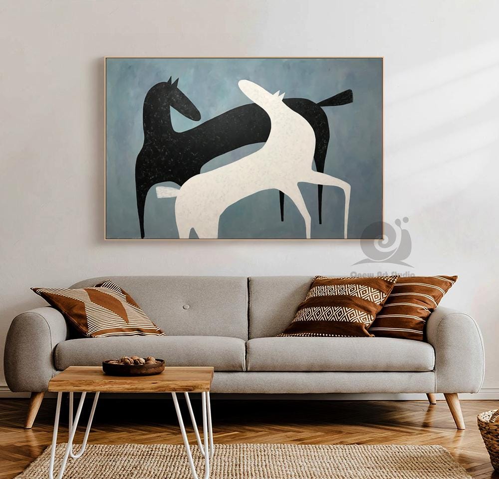 Abstract Black and White Horses Oil Painting on Canvas, Large Original Horse Canvas Art, Modern Animal Painting for Living Room, Home Décor