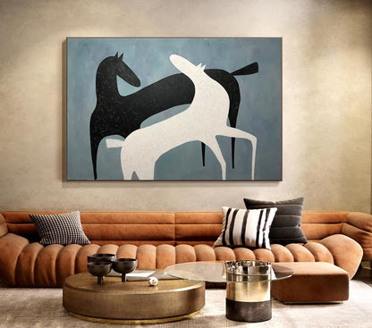 Abstract Black and White Horses Oil Painting on Canvas, Large Original Horse Canvas Art, Modern Animal Painting for Living Room, Home Décor