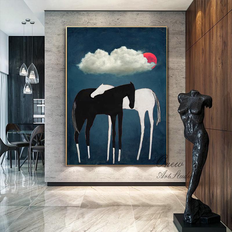 Black and White Abstract Horse Oil Painting on Canvas, Large Original Horses and Clouds Canvas Art, Modern Animal Wall Art for Living Room