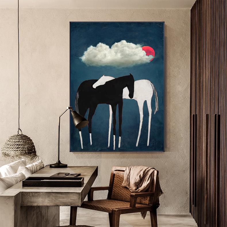 Black and White Abstract Horse Oil Painting on Canvas, Large Original Horses and Clouds Canvas Art, Modern Animal Wall Art for Living Room