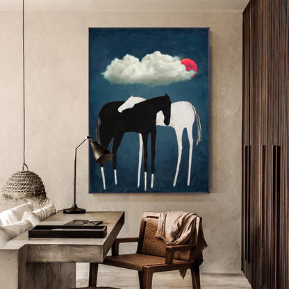 Black and White Abstract Horse Oil Painting on Canvas, Large Original Horses and Clouds Canvas Art, Modern Animal Wall Art for Living Room
