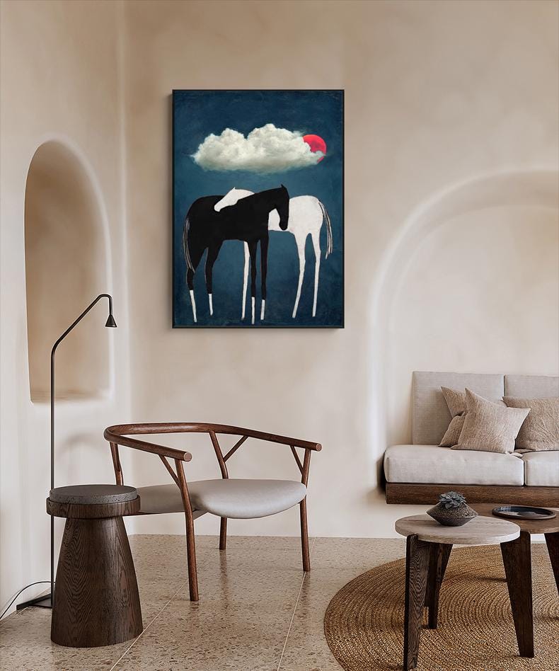 Black and White Abstract Horse Oil Painting on Canvas, Large Original Horses and Clouds Canvas Art, Modern Animal Wall Art for Living Room