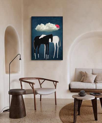 Black and White Abstract Horse Oil Painting on Canvas, Large Original Horses and Clouds Canvas Art, Modern Animal Wall Art for Living Room