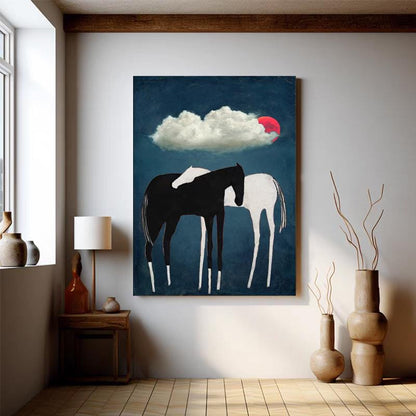 Black and White Abstract Horse Oil Painting on Canvas, Large Original Horses and Clouds Canvas Art, Modern Animal Wall Art for Living Room