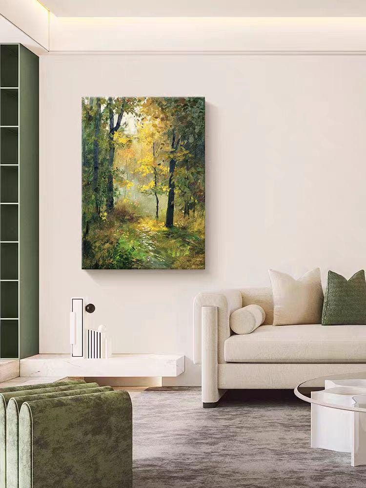 May include: A painting of a forest scene with a path leading through the trees. The trees are a mix of green and yellow, and the light is shining through the leaves. The path is covered in fallen leaves and there is a small stream running through the forest.