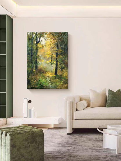 May include: A painting of a forest scene with a path leading through the trees. The trees are a mix of green and yellow, and the light is shining through the leaves. The path is covered in fallen leaves and there is a small stream running through the forest.