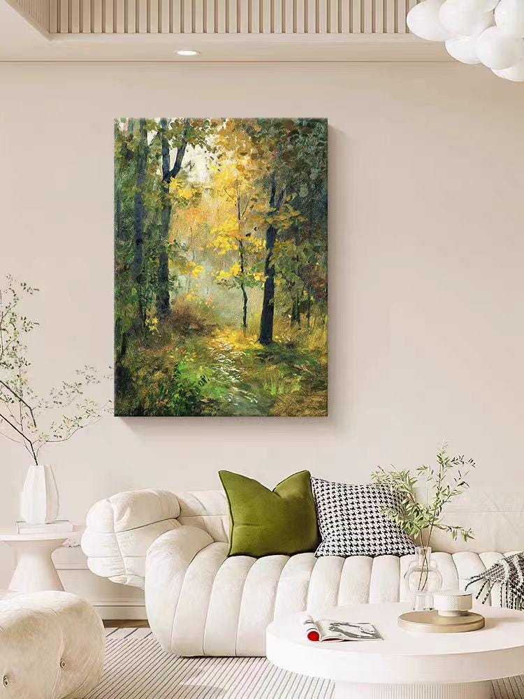 May include: A painting of a forest path with trees on either side. The trees are mostly green, but some have yellow leaves. The path is lit by sunlight, and there is a soft glow in the background.