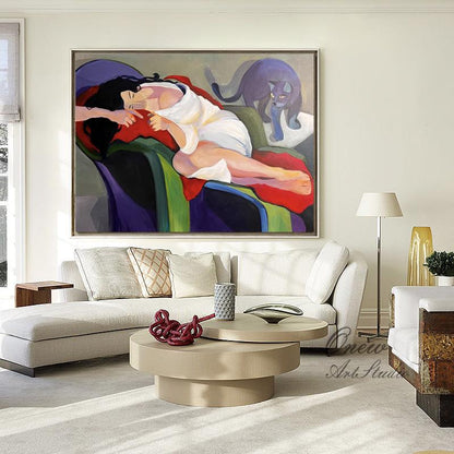 Abstract Lady and Cat Canvas Art, Hand-painted Woman Figure Oil Painting on Canvas, Modern Minimalist Wall Art for Living Room, Home Décor
