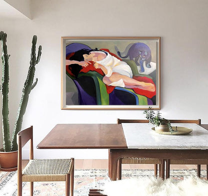 Abstract Lady and Cat Canvas Art, Hand-painted Woman Figure Oil Painting on Canvas, Modern Minimalist Wall Art for Living Room, Home Décor