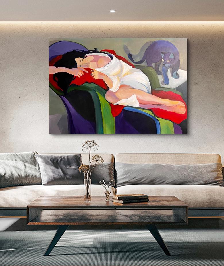 Abstract Lady and Cat Canvas Art, Hand-painted Woman Figure Oil Painting on Canvas, Modern Minimalist Wall Art for Living Room, Home Décor