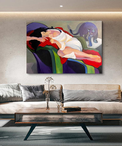 Abstract Lady and Cat Canvas Art, Hand-painted Woman Figure Oil Painting on Canvas, Modern Minimalist Wall Art for Living Room, Home Décor