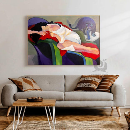 Abstract Lady and Cat Canvas Art, Hand-painted Woman Figure Oil Painting on Canvas, Modern Minimalist Wall Art for Living Room, Home Décor