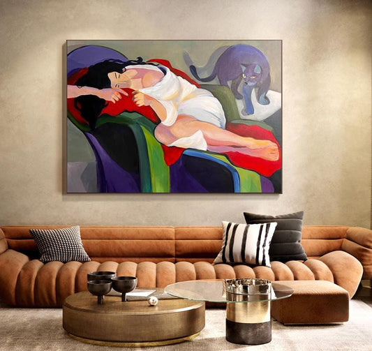 Abstract Lady and Cat Canvas Art, Hand-painted Woman Figure Oil Painting on Canvas, Modern Minimalist Wall Art for Living Room, Home Décor