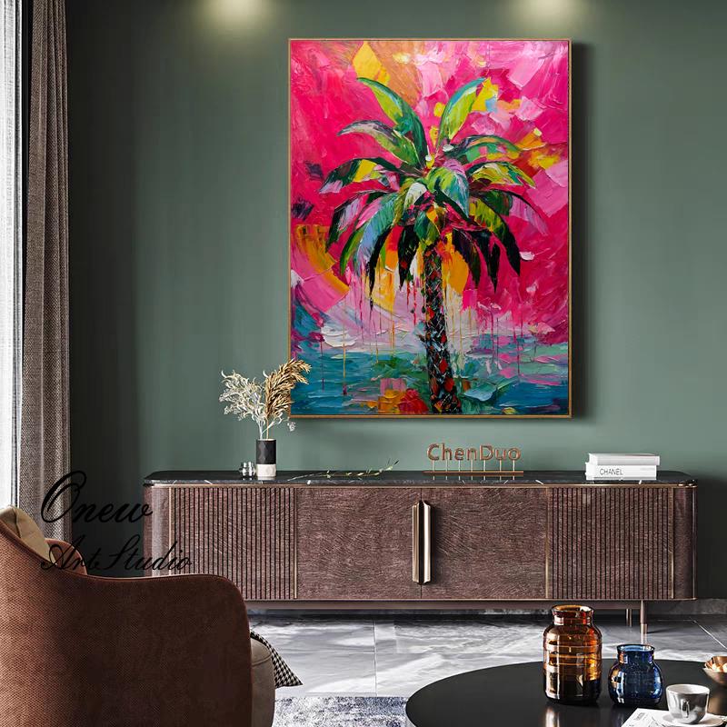 Abstract Palm Tree Oil Painting on Canvas, Hand-painted Palm Tree Canvas Wall Art, Modern Textured Tree Wall Art for Living Room, Home Décor