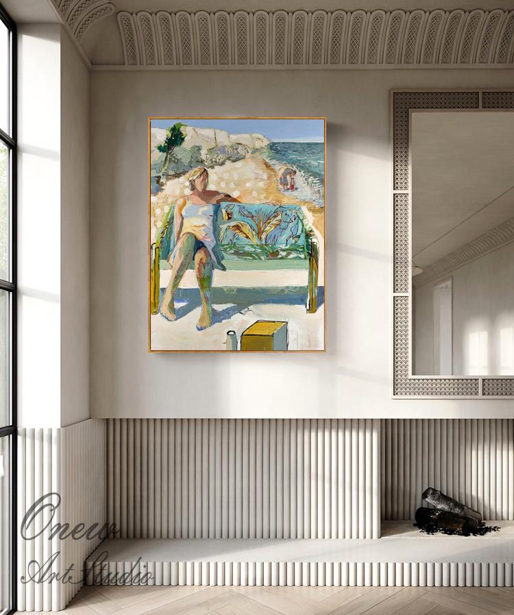 Impressionist Lady Oil Painting on Canvas, Large Abstract Seascape Canvas Wall Art, Modern Seashore Wall Art for Living Room, Beach Wall Art