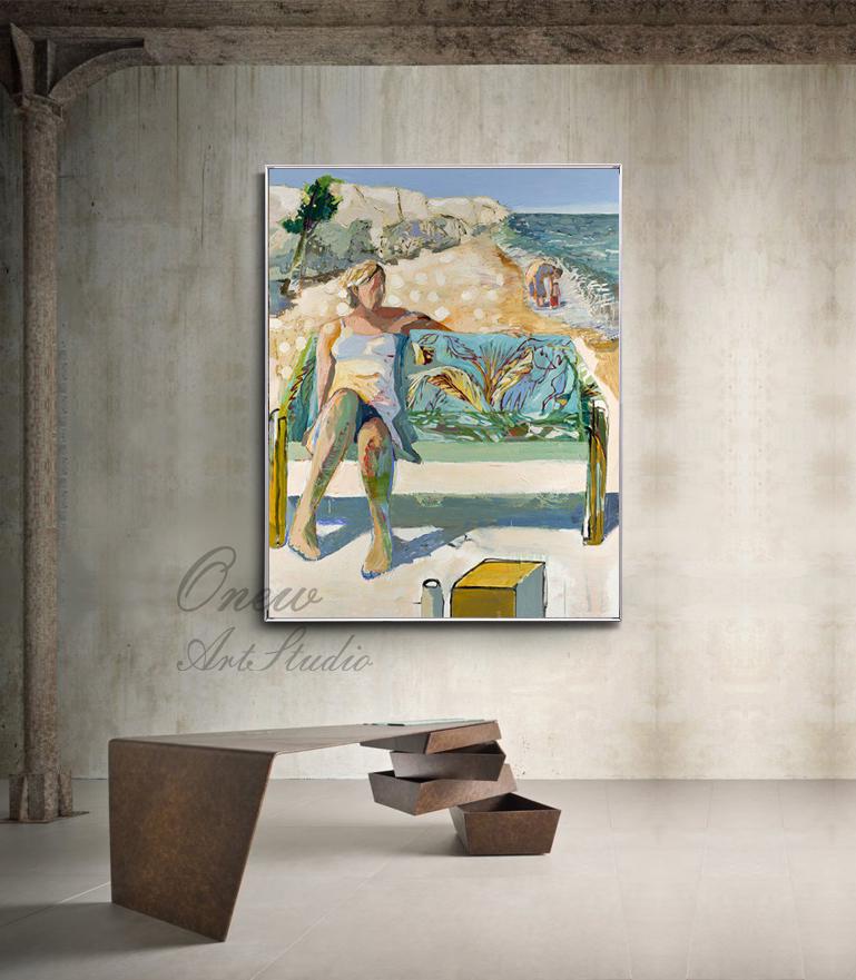 Impressionist Lady Oil Painting on Canvas, Large Abstract Seascape Canvas Wall Art, Modern Seashore Wall Art for Living Room, Beach Wall Art