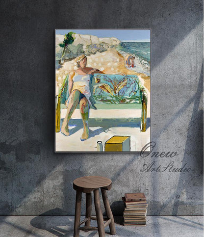 Impressionist Lady Oil Painting on Canvas, Large Abstract Seascape Canvas Wall Art, Modern Seashore Wall Art for Living Room, Beach Wall Art