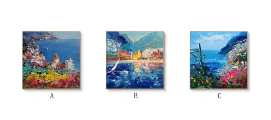 May include: Three colorful paintings depicting a coastal town with buildings, boats, and a blue sea. The paintings are framed in gold and labeled A, B, and C.