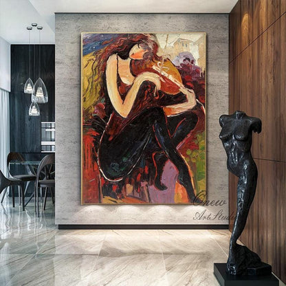 May include: Abstract painting of a woman in a black dress playing a violin. The painting is done in a colorful style with bold strokes and vibrant colors. The woman's hair is long and flowing, and her face is obscured by the violin.