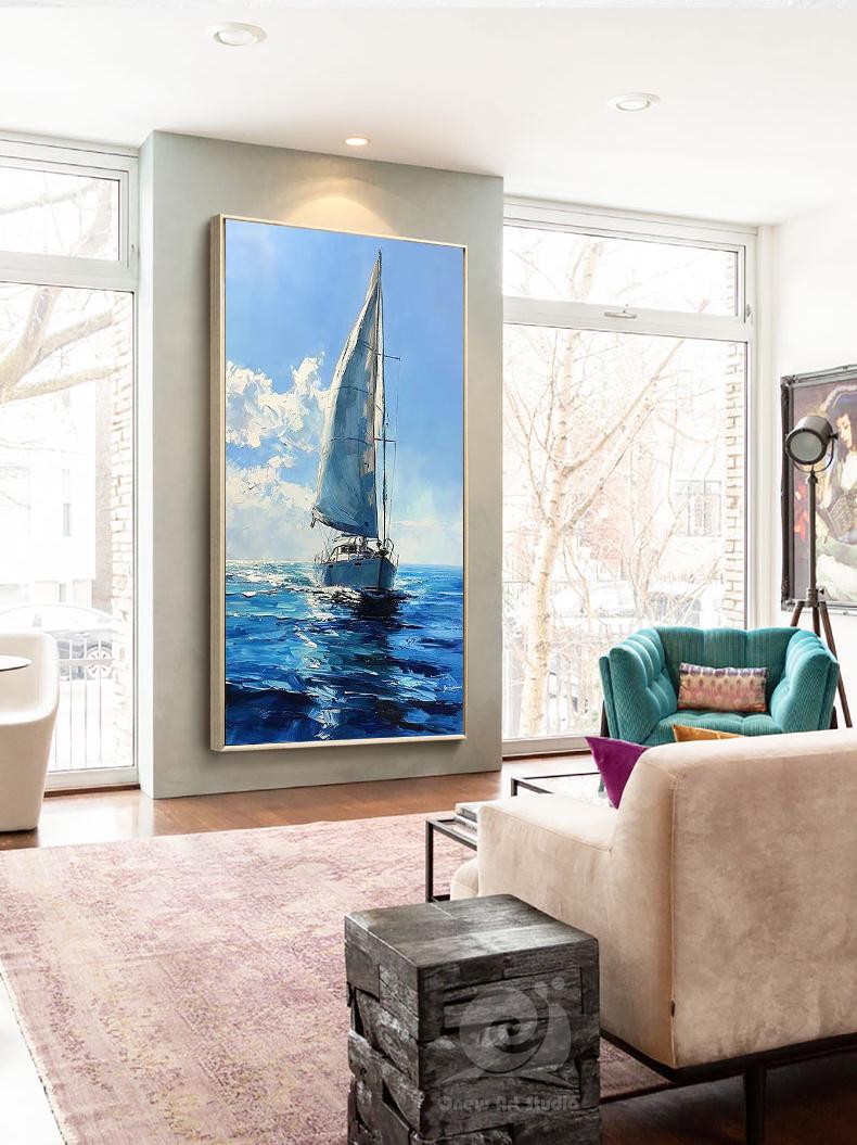 Large Abstract Sailboat Oil Painting on Canvas, Original Seascape Canvas Wall Art, Modern Nautical Wall Art for Living Room, Bedroom Decor