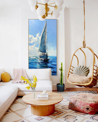 Large Abstract Sailboat Oil Painting on Canvas, Original Seascape Canvas Wall Art, Modern Nautical Wall Art for Living Room, Bedroom Decor