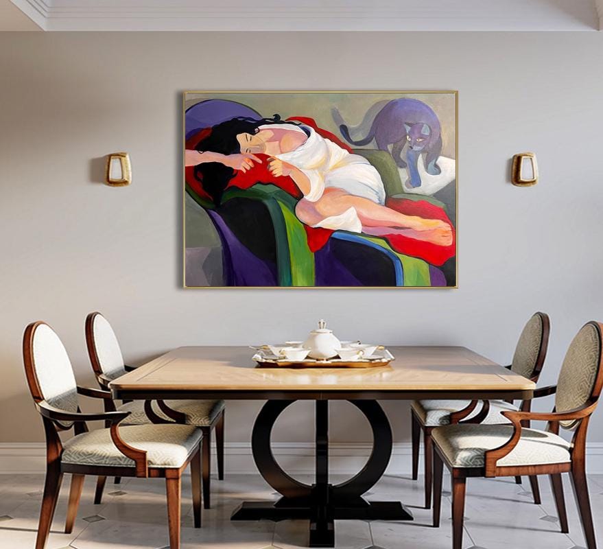 Abstract Lady and Cat Canvas Art, Hand-painted Woman Figure Oil Painting on Canvas, Modern Minimalist Wall Art for Living Room, Home Décor