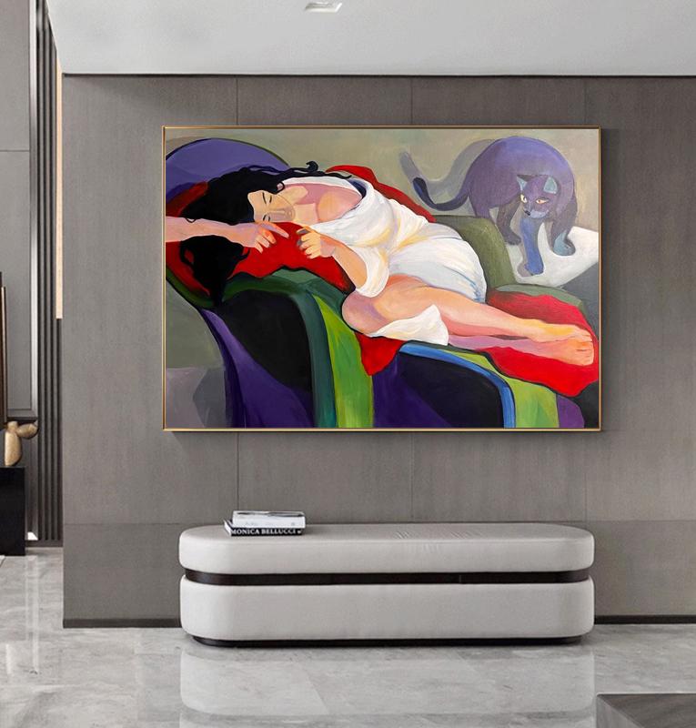 Abstract Lady and Cat Canvas Art, Hand-painted Woman Figure Oil Painting on Canvas, Modern Minimalist Wall Art for Living Room, Home Décor