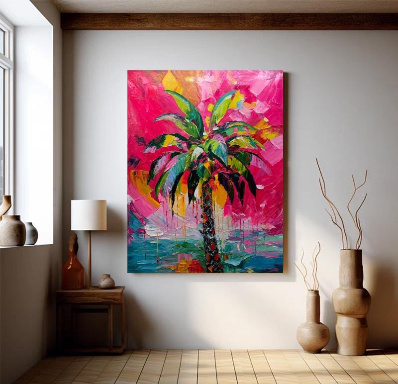Abstract Palm Tree Oil Painting on Canvas, Hand-painted Palm Tree Canvas Wall Art, Modern Textured Tree Wall Art for Living Room, Home Décor