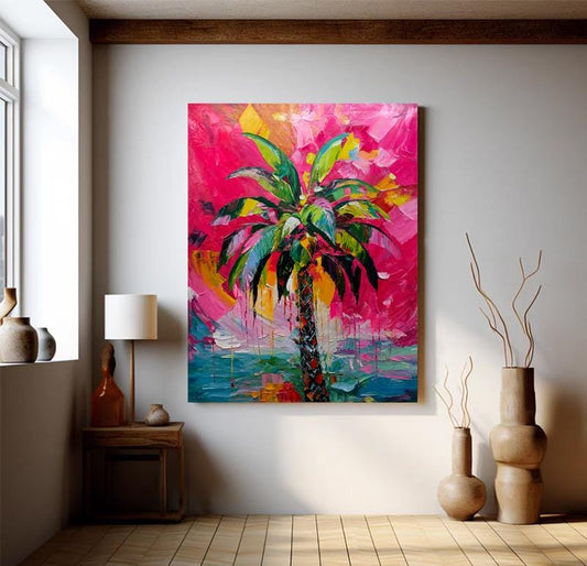 Abstract Palm Tree Oil Painting on Canvas, Hand-painted Palm Tree Canvas Wall Art, Modern Textured Tree Wall Art for Living Room, Home Décor