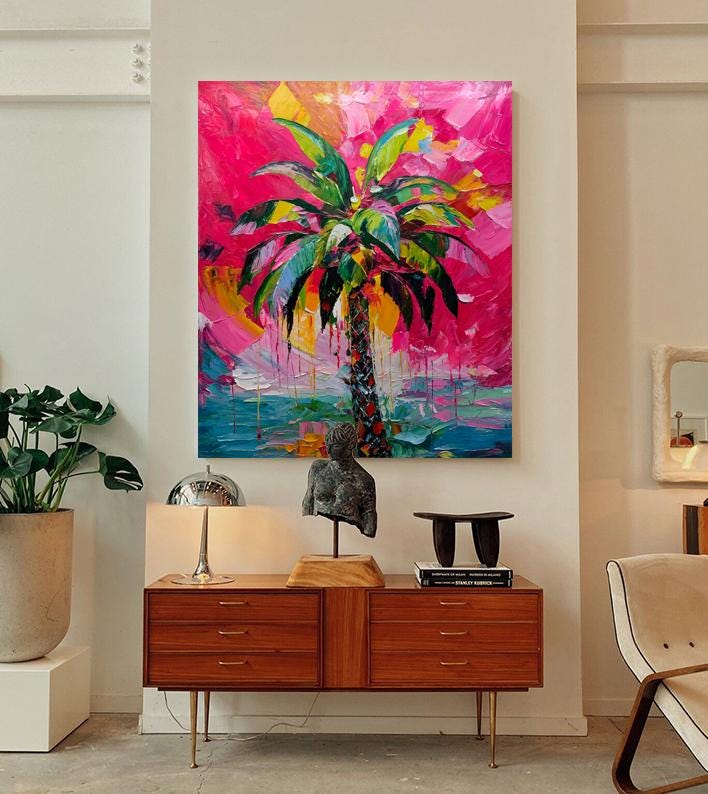 Abstract Palm Tree Oil Painting on Canvas, Hand-painted Palm Tree Canvas Wall Art, Modern Textured Tree Wall Art for Living Room, Home Décor