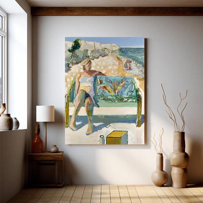 Impressionist Lady Oil Painting on Canvas, Large Abstract Seascape Canvas Wall Art, Modern Seashore Wall Art for Living Room, Beach Wall Art