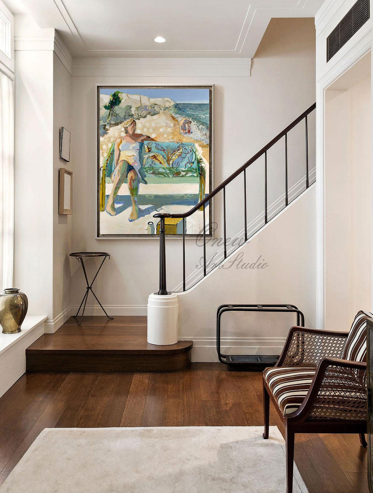 Impressionist Lady Oil Painting on Canvas, Large Abstract Seascape Canvas Wall Art, Modern Seashore Wall Art for Living Room, Beach Wall Art