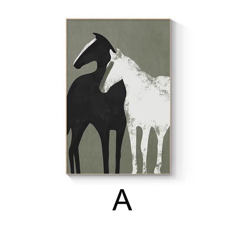 May include: Abstract art print featuring two horses, one black and one white, against a muted green background.
