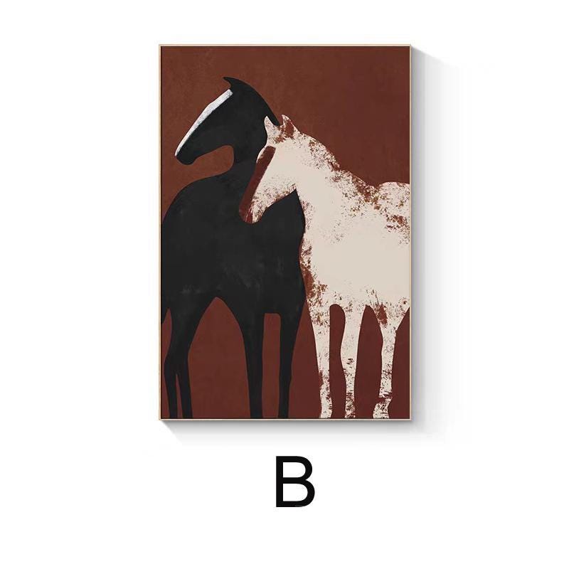 May include: Abstract painting of two horses, one black and one white, standing side by side on a brown background.
