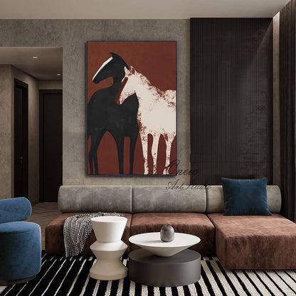 May include: Abstract painting of two horses, one black and one white, against a red background. The painting is framed and hanging on a wall in a living room.
