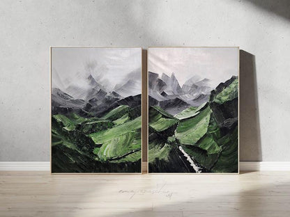 Set of 2 Green Mountain Abstract Paintings – Wall Art