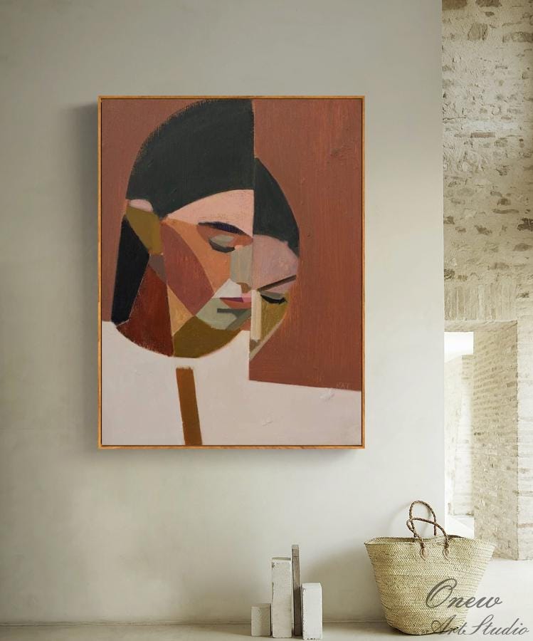 Large Abstract Lady Canvas Art, Hand-painted Woman Figure Oil Painting on Canvas, Modern Beige and Red Art for Living Room, Home Décor