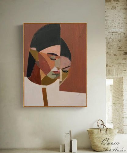 Large Abstract Lady Canvas Art, Hand-painted Woman Figure Oil Painting on Canvas, Modern Beige and Red Art for Living Room, Home Décor