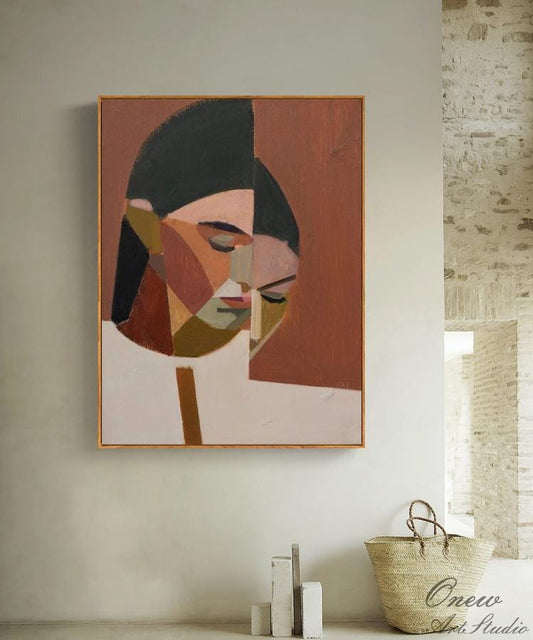 Large Abstract Lady Canvas Art, Hand-painted Woman Figure Oil Painting on Canvas, Modern Beige and Red Art for Living Room, Home Décor