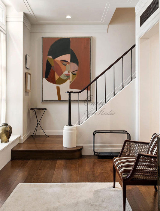 Large Abstract Lady Canvas Art, Hand-painted Woman Figure Oil Painting on Canvas, Modern Beige and Red Art for Living Room, Home Décor