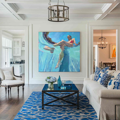 Underwater Swimmer Figure Wall Art Turquoise Blue Pool Canvas Painting for Modern Bathroom Decor
