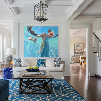 Underwater Swimmer Figure Wall Art Turquoise Blue Pool Canvas Painting for Modern Bathroom Decor