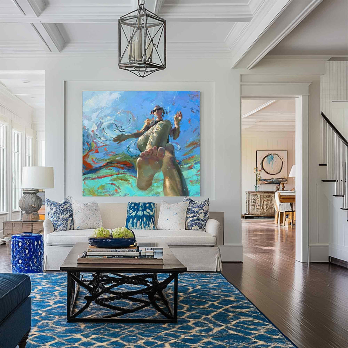 Swimming Woman Wall Art Blue Abstract Figure Canvas Painting for Bathroom Living Room Decor