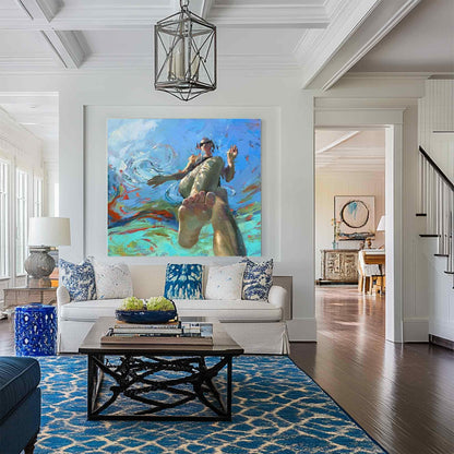 Swimming Woman Wall Art Blue Abstract Figure Canvas Painting for Bathroom Living Room Decor