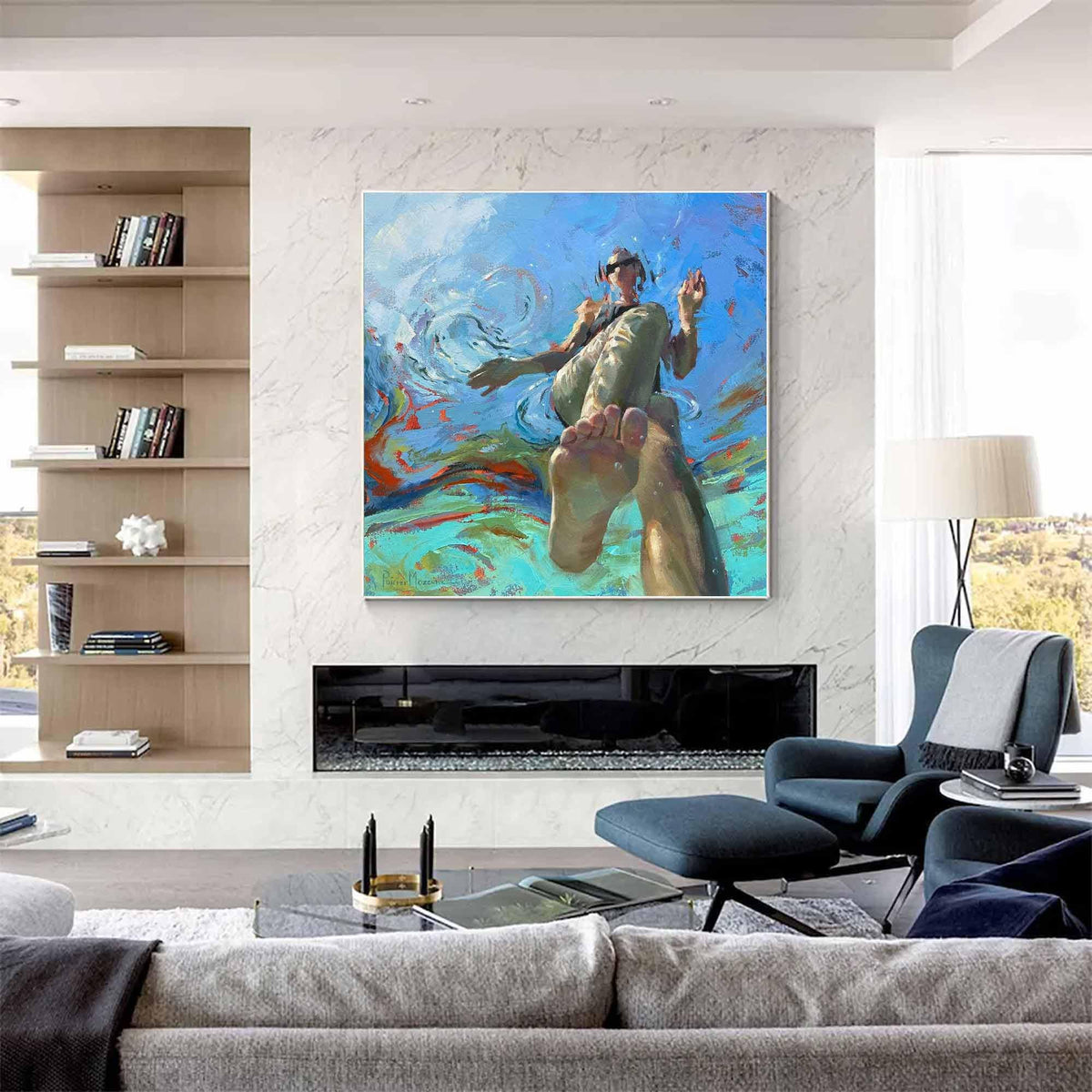 Swimming Woman Wall Art Blue Abstract Figure Canvas Painting for Bathroom Living Room Decor
