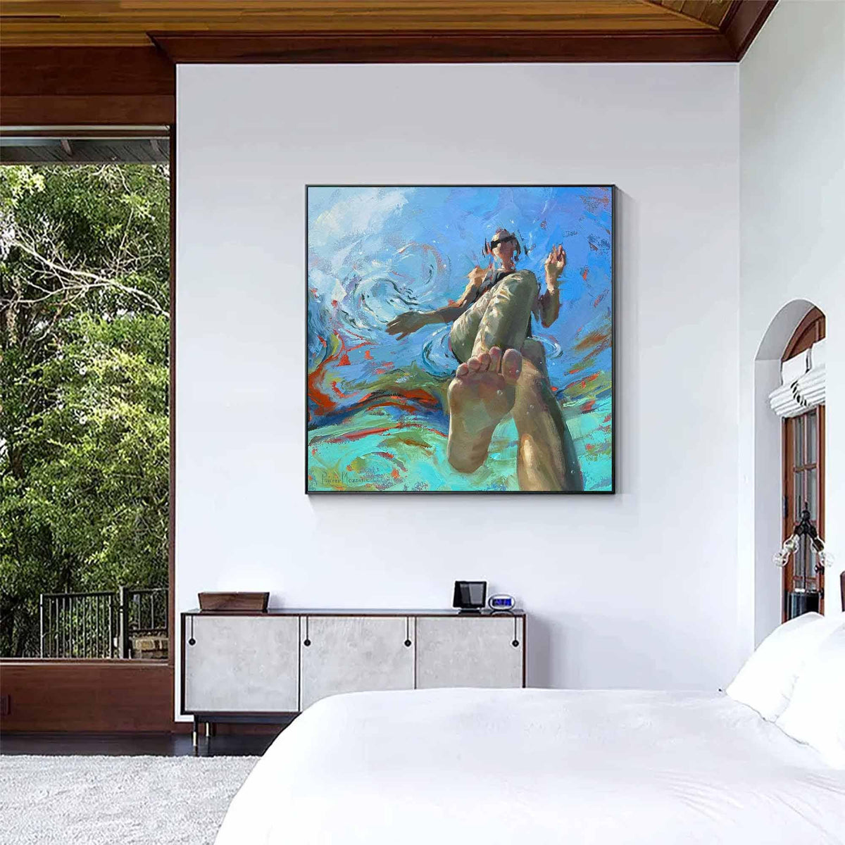 Swimming Woman Wall Art Blue Abstract Figure Canvas Painting for Bathroom Living Room Decor