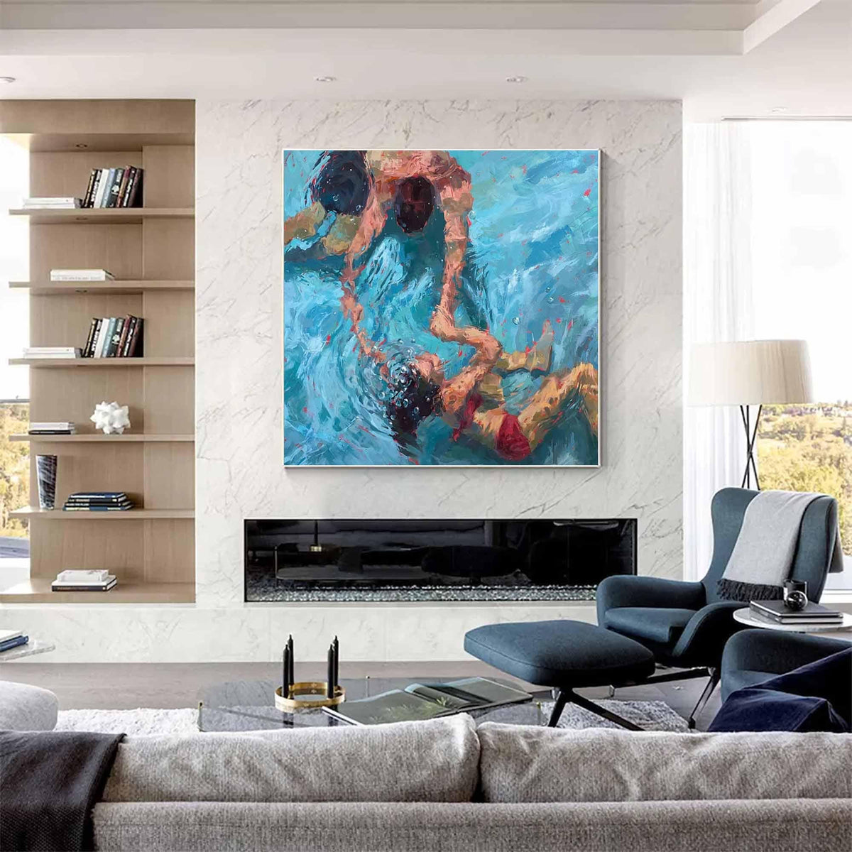 May include: A painting of three people swimming in a pool. The water is a vibrant blue and the people are painted in a realistic style. The painting is framed and hanging on a wall.