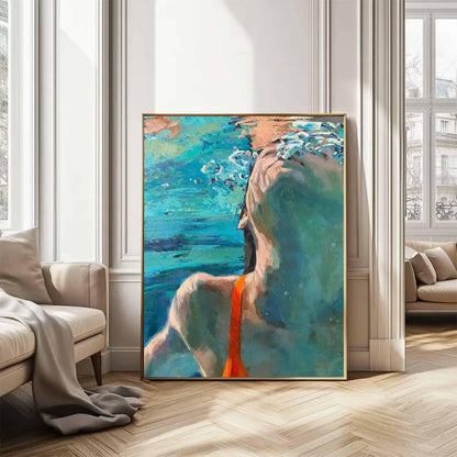 Underwater Swimmer Wall Art Blue Green Figure Canvas Painting for Bathroom Decor