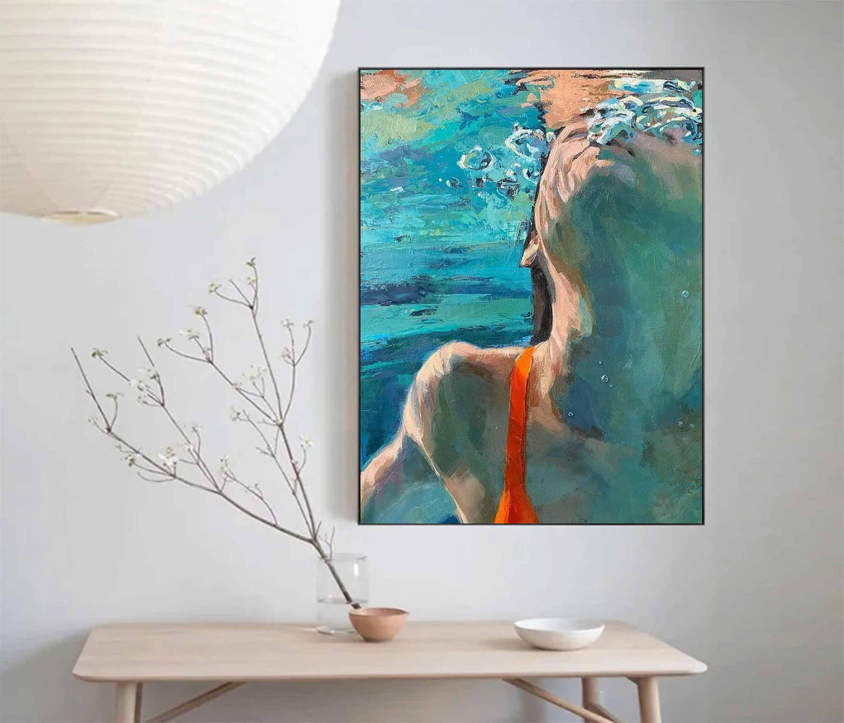 Underwater Swimmer Wall Art Blue Green Figure Canvas Painting for Bathroom Decor